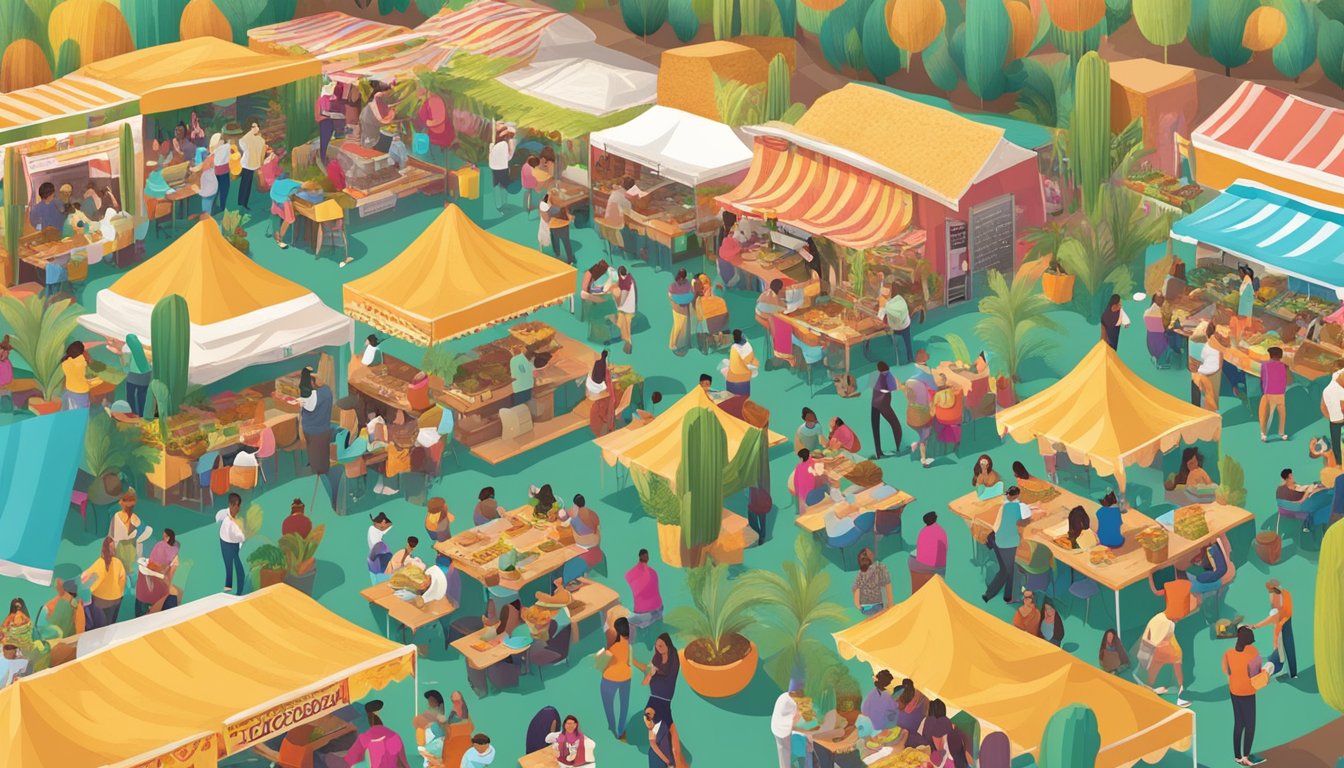 A bustling outdoor taco festival with vibrant decorations and lively music, showcasing the diverse community engagement and cultural impact of Taco Cabana's founders