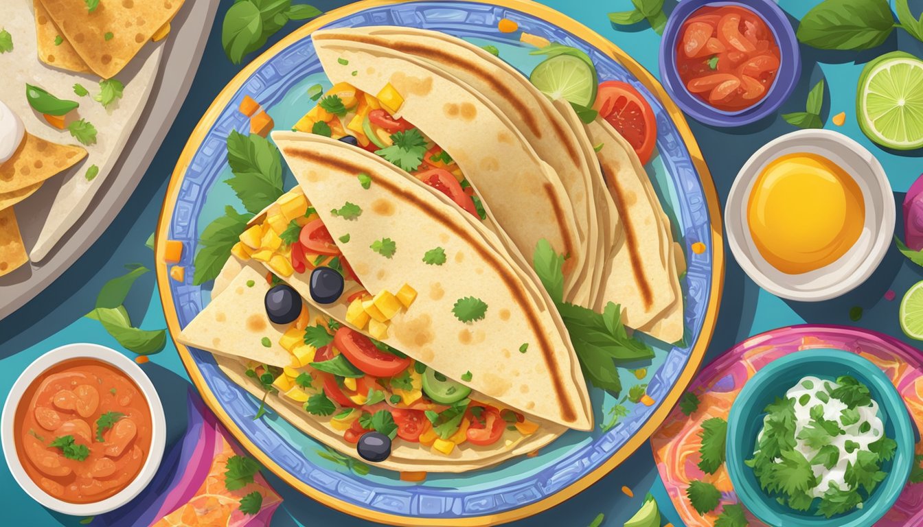 A sizzling breakfast quesadilla surrounded by vibrant, fresh ingredients on a colorful plate