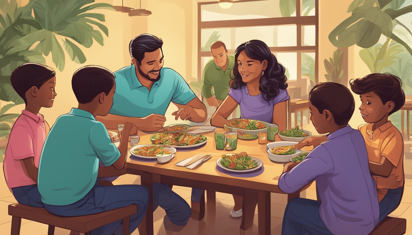 A family gathering around a table, discussing business plans and strategies for their restaurant chain, Taco Cabana. The parents are in charge, while the children listen and contribute ideas