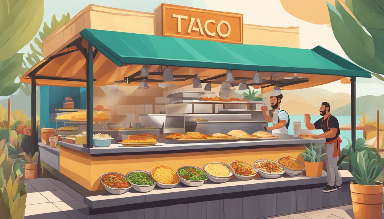 A colorful outdoor scene with a bustling taco stand, featuring a chef assembling a hearty breakfast burrito with eggs, cheese, and various fillings