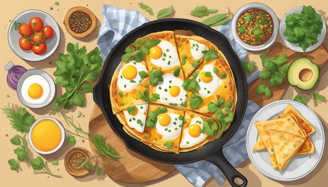 A sizzling skillet with breakfast quesadillas, filled with melted cheese, eggs, and savory ingredients, surrounded by colorful signature spices and fresh herbs