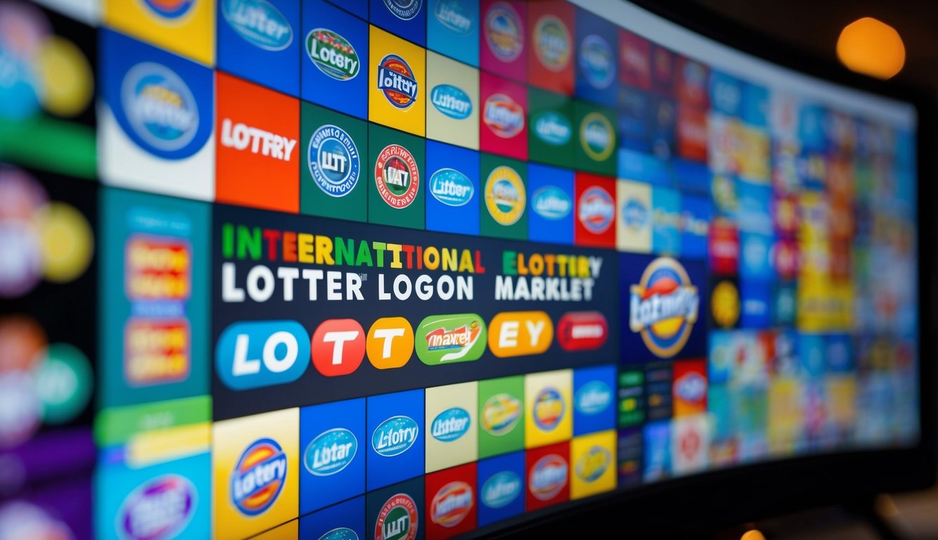 Serangkaian logo pasar lotere internasional yang berwarna-warni ditampilkan di layar digital