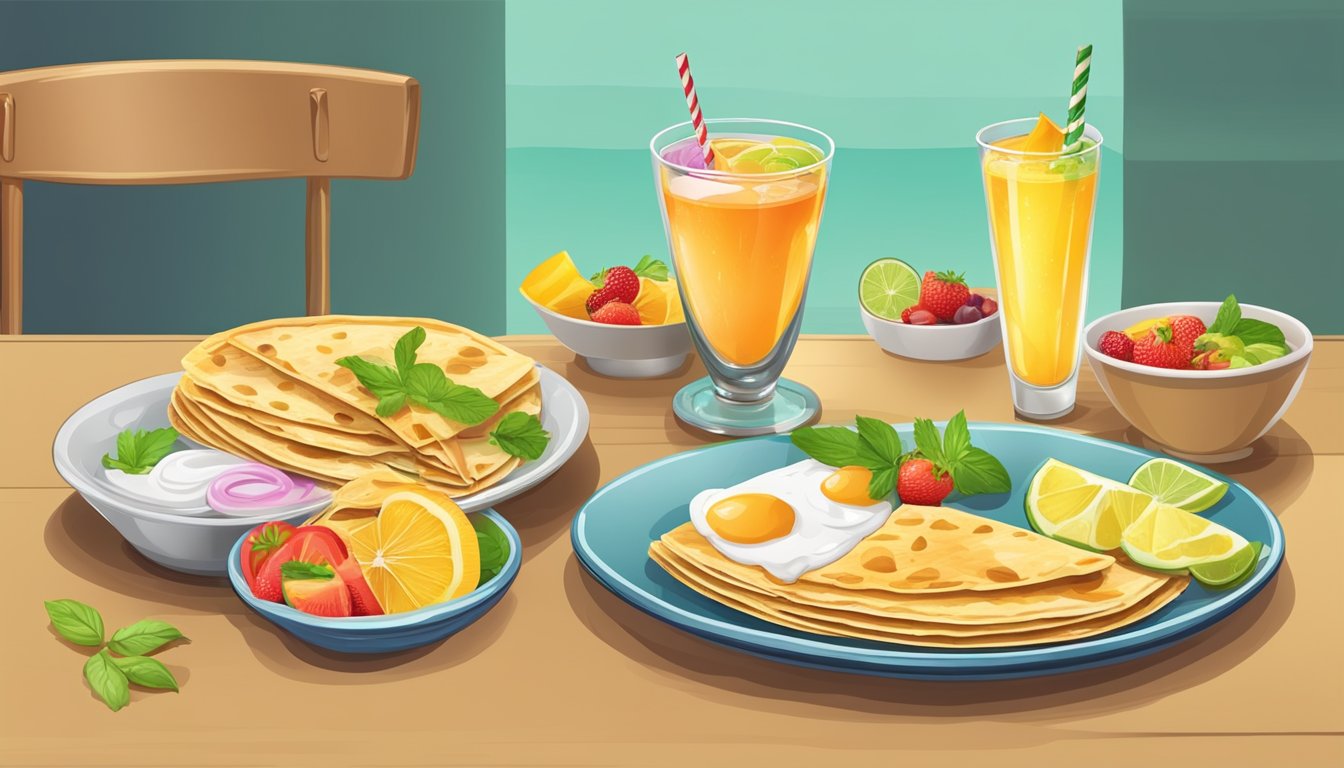 A colorful display of refreshing drinks and a mouth-watering breakfast quesadilla on a plate