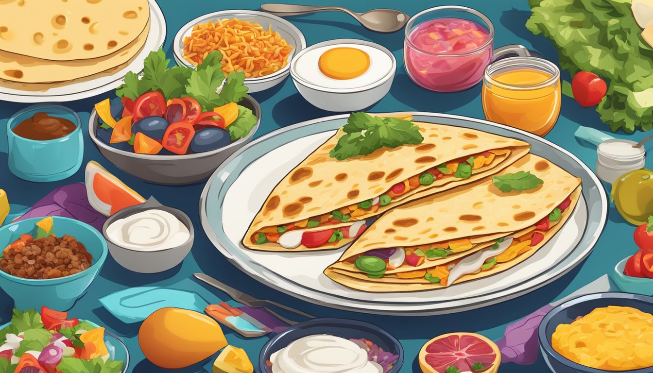 A sizzling breakfast quesadilla surrounded by colorful ingredients on a vibrant table