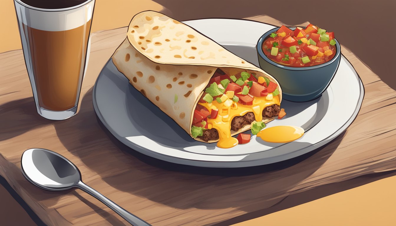 A sizzling breakfast burrito bursting with eggs, cheese, and savory meats, surrounded by a steaming cup of coffee and fresh salsa