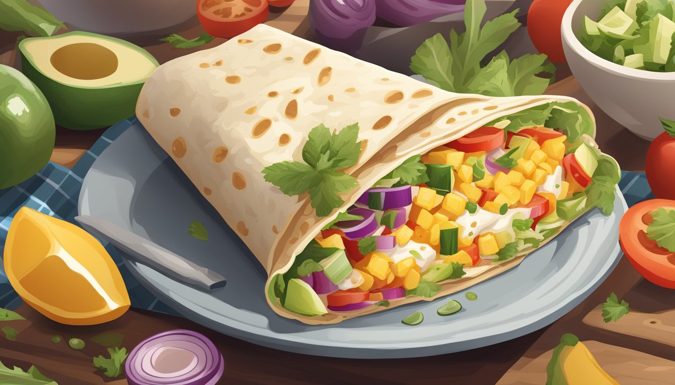 A colorful breakfast burrito surrounded by fresh ingredients and nutritional information