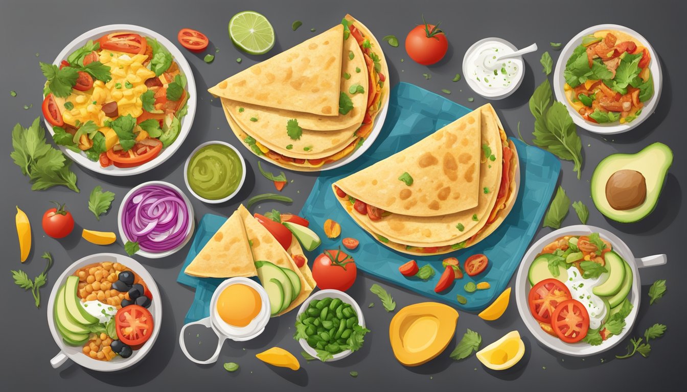 A sizzling breakfast quesadilla surrounded by fresh ingredients and a colorful array of dietary options