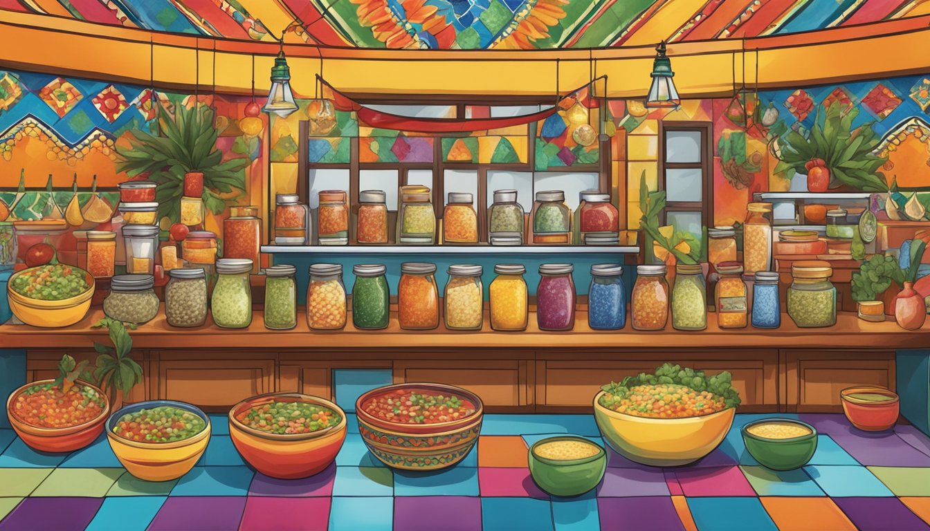 A colorful salsa bar filled with various condiments and toppings, surrounded by vibrant Mexican tile and festive decor