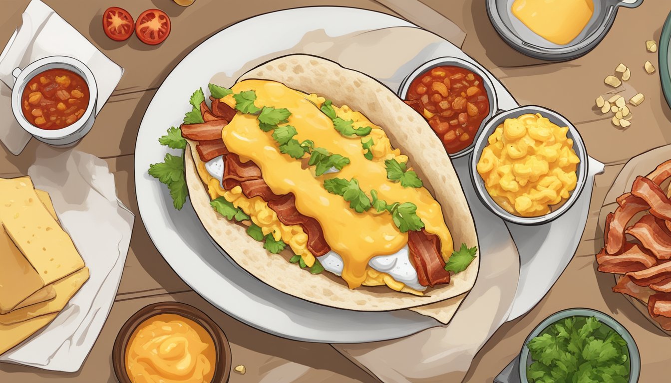 A steaming breakfast burrito surrounded by sizzling bacon, fluffy scrambled eggs, melted cheese, and zesty salsa, ready to be enjoyed