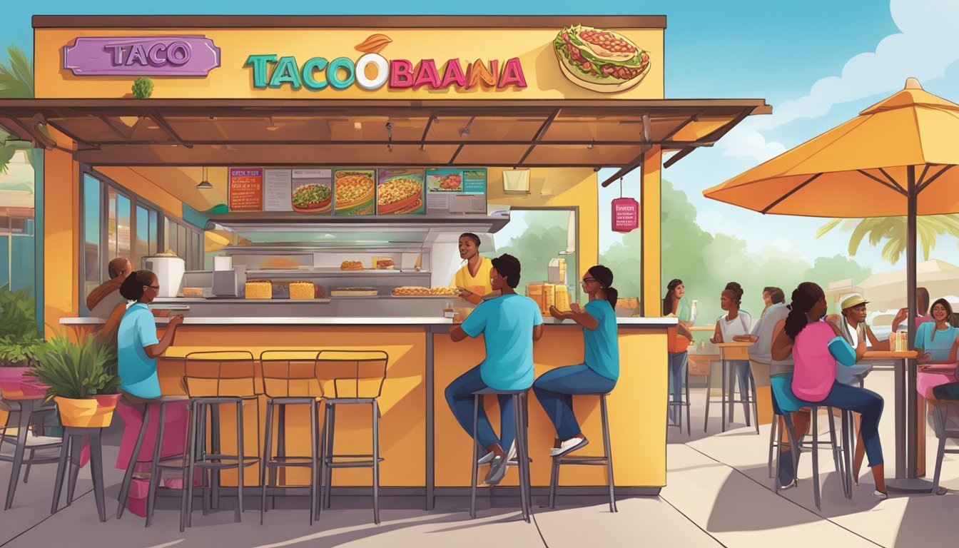 A colorful outdoor scene with a bustling taco stand, where customers eagerly enjoy Taco Cabana's breakfast burritos, creating a sense of community and loyalty