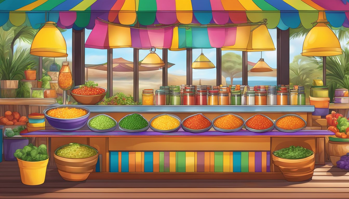 A colorful salsa bar with various toppings and sauces displayed in a vibrant and inviting setting