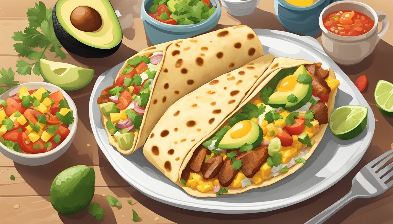 A sizzling breakfast burrito bursting with eggs, cheese, and savory meats, surrounded by a colorful array of fresh salsa, avocado, and cilantro