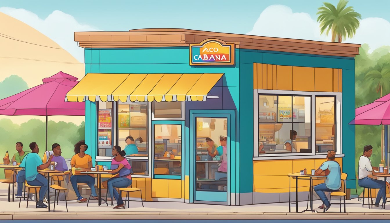 A bustling Texas morning with a colorful Taco Cabana storefront, filled with customers enjoying breakfast tacos and sipping on coffee