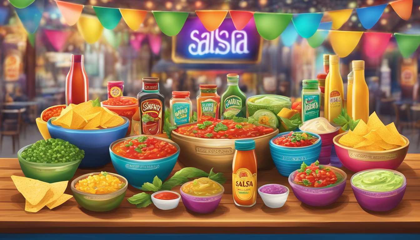 A colorful salsa bar filled with various condiments and toppings, surrounded by vibrant signage and promotional materials