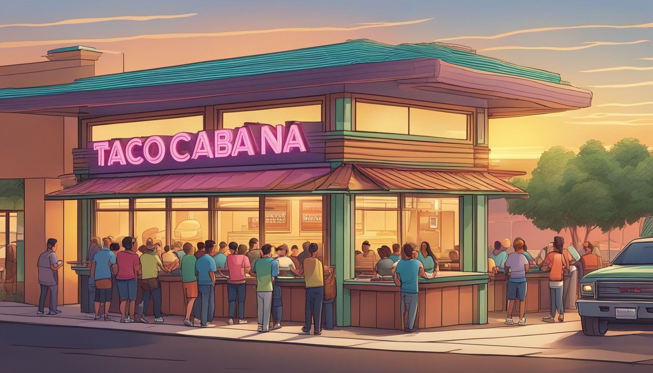 A bustling Taco Cabana restaurant at sunrise, with a line of customers eagerly waiting for their breakfast tacos. The aroma of sizzling bacon and freshly made tortillas fills the air