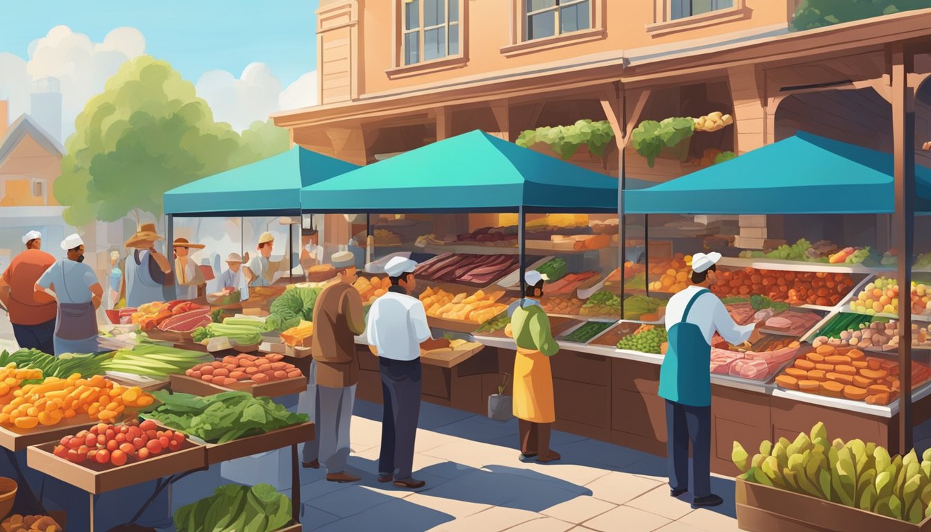 A bustling farmer's market with vendors selling fresh produce and meats to a chef at a colorful outdoor kitchen