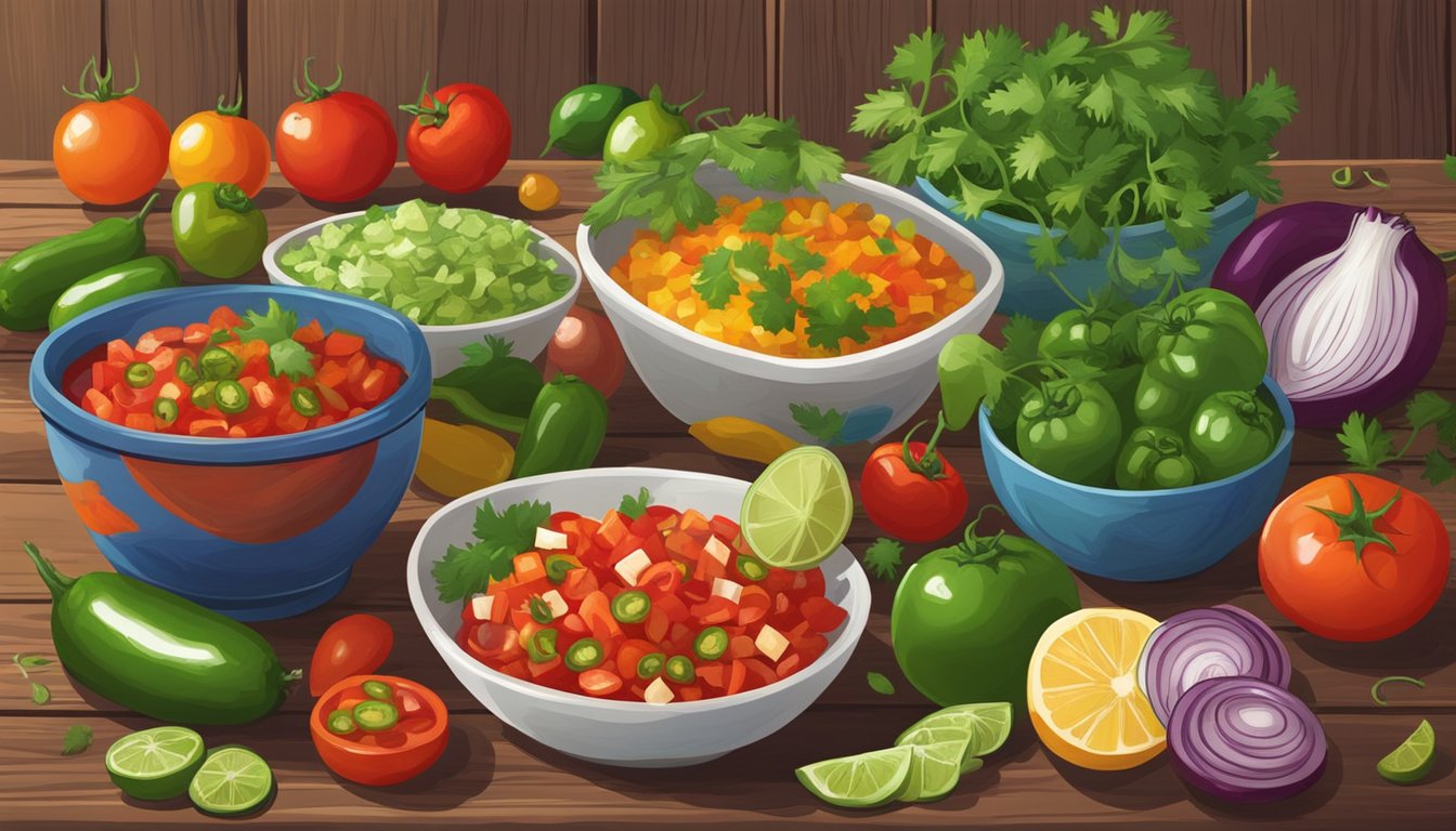 Fresh ingredients arranged on a rustic wooden table: tomatoes, onions, cilantro, and jalapenos. Bowls of vibrant salsa in various colors, surrounded by colorful chili peppers and limes