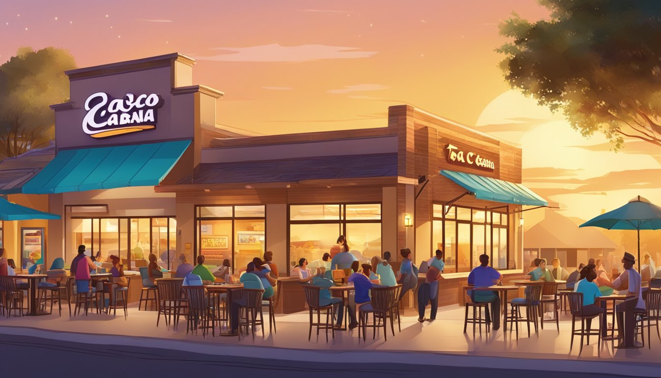 A bustling Taco Cabana restaurant at sunrise, with customers enjoying breakfast tacos and coffee in a vibrant Texas community