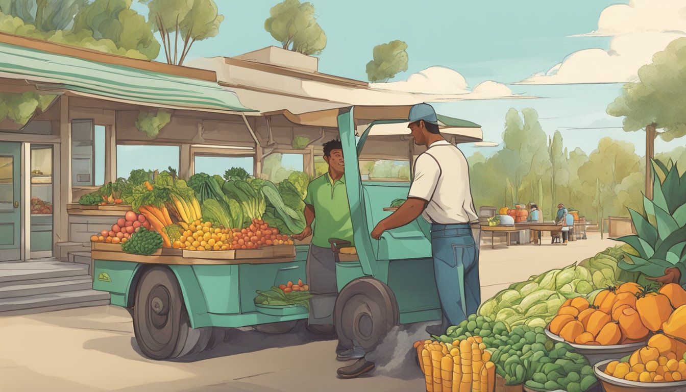 Fresh produce being delivered to Taco Cabana's kitchen, while a farmer discusses sourcing methods with the chef