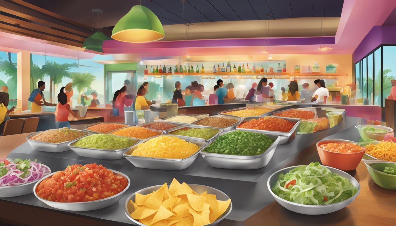 A bustling salsa bar at Taco Cabana, with a colorful array of fresh ingredients and innovative toppings