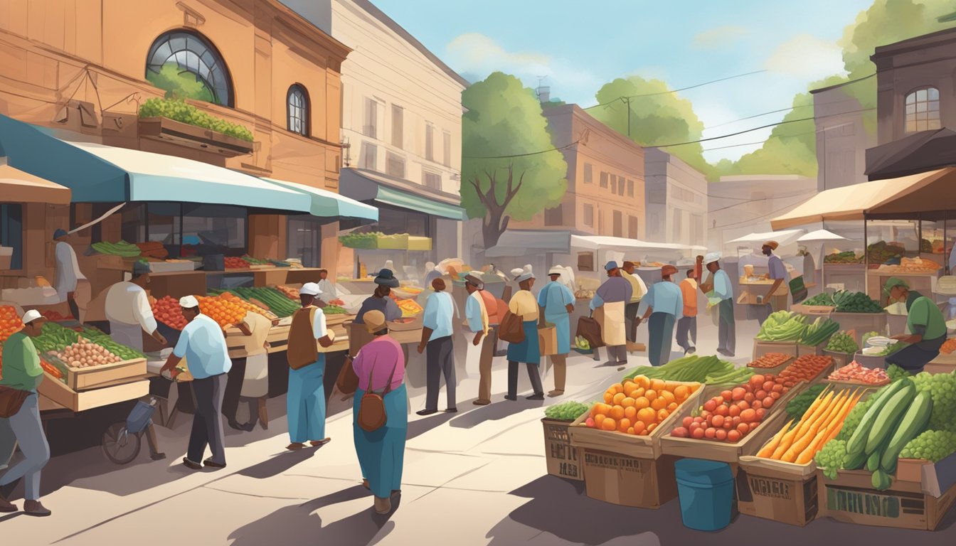 A bustling marketplace with vendors selling fresh produce and meats, while trucks unload supplies at the back of a restaurant