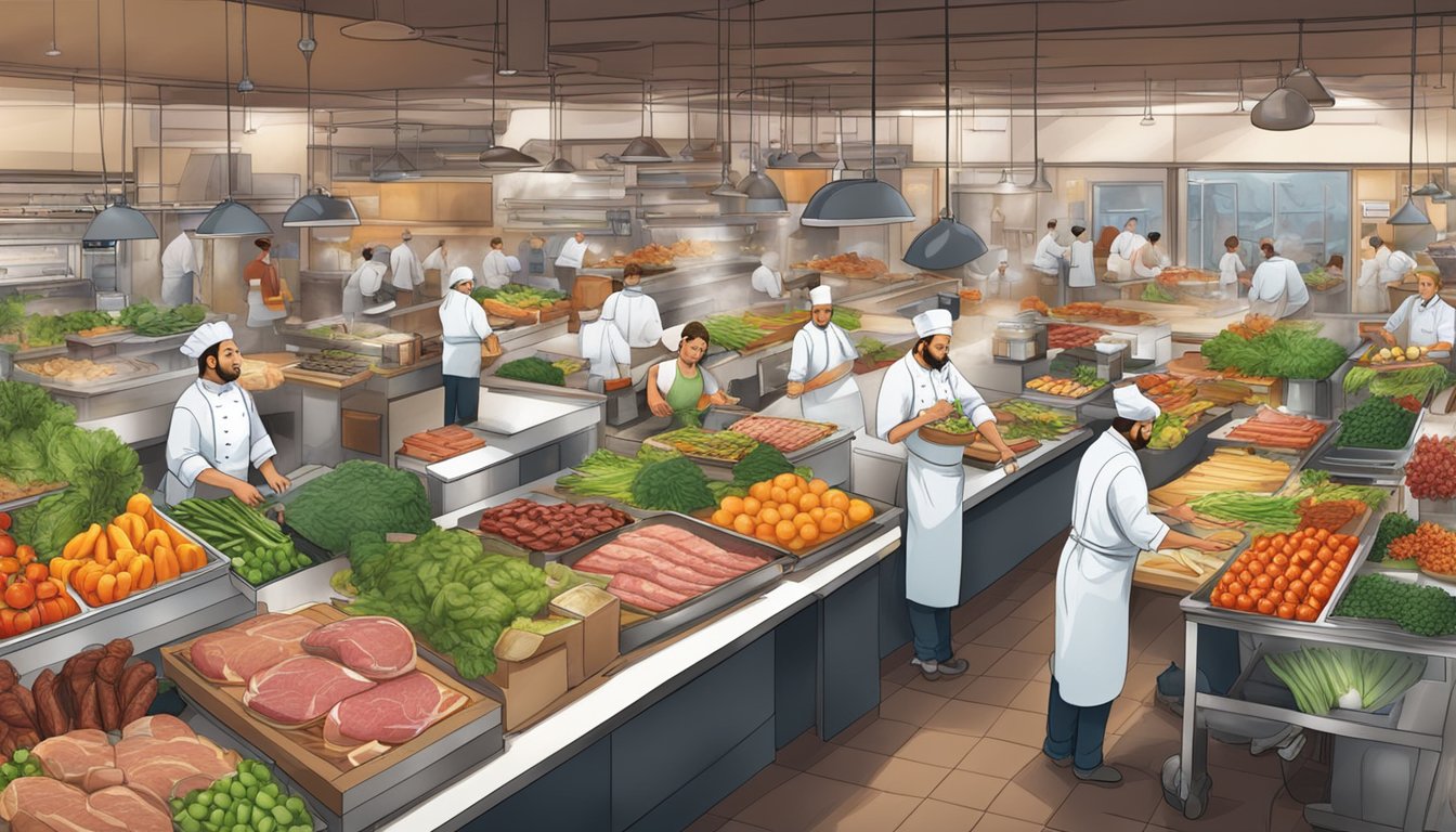 A bustling marketplace with vendors showcasing fresh produce and meats, while chefs experiment with new cooking techniques in a modern kitchen