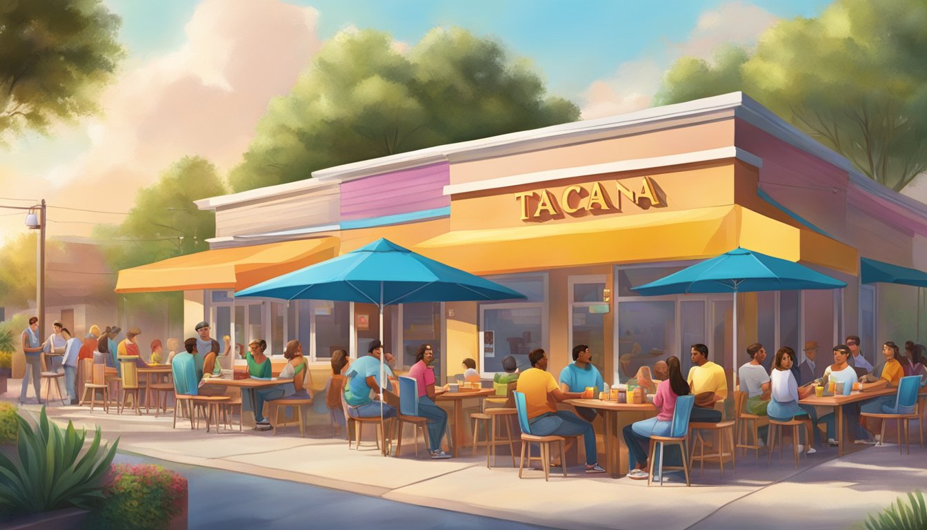 A bustling Texas morning with a colorful Taco Cabana storefront, serving up breakfast tacos to a diverse crowd in a lively outdoor seating area