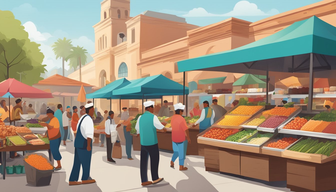 A bustling outdoor market with vendors showcasing fresh produce and meats, while a chef carefully selects ingredients for Taco Cabana's dishes