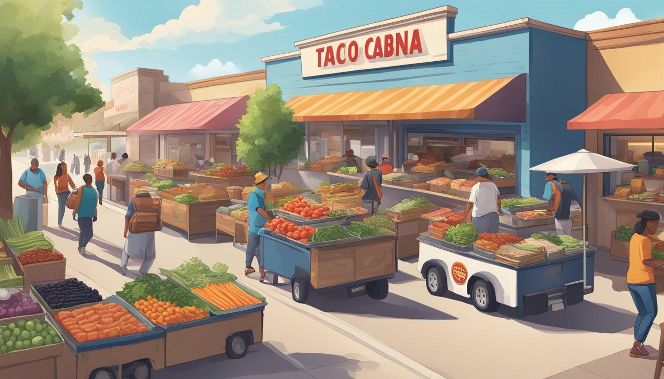 A bustling marketplace with vendors selling fresh produce and meats, while a delivery truck unloads supplies at a Taco Cabana restaurant