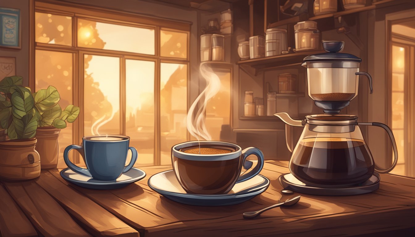 A cozy coffee shop with a steaming cup of coffee on a rustic table, surrounded by warm lighting and the aroma of freshly brewed beans