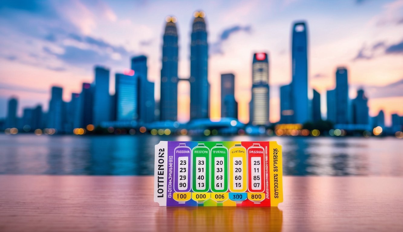 Sebuah tiket lotere berwarna-warni dengan landmark Singapura dan Hong Kong di latar belakang