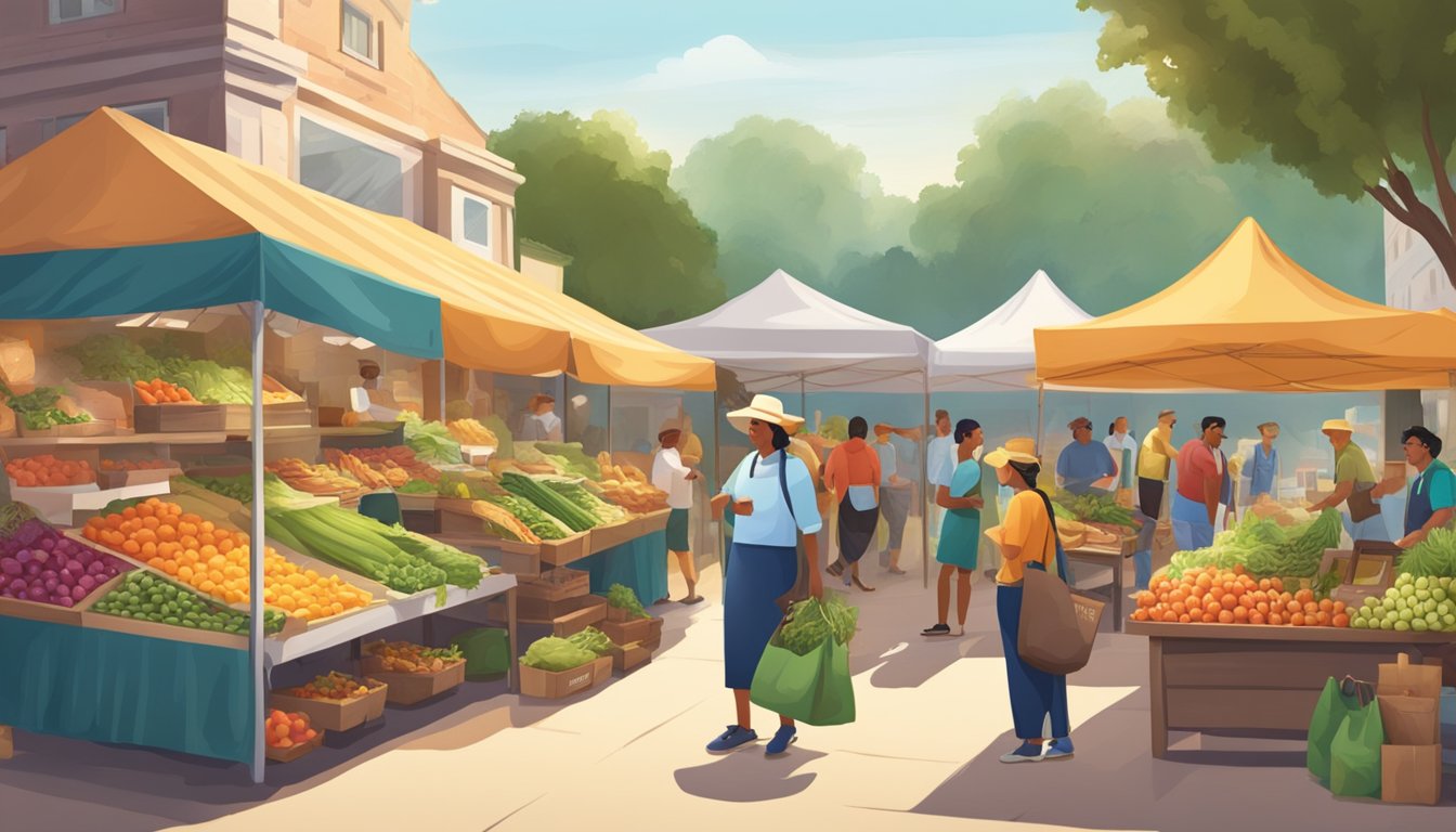 A bustling farmer's market with vendors selling fresh produce and locally-sourced ingredients. A Taco Cabana representative conversing with farmers