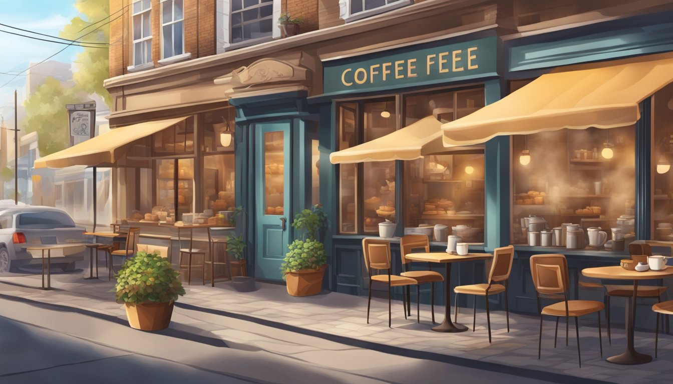 A cozy coffee shop nestled in a bustling neighborhood, with steaming cups of coffee and the aroma of freshly baked pastries filling the air