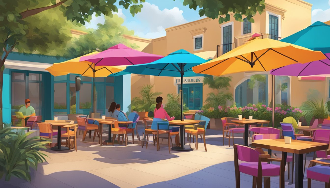 A cozy outdoor patio with colorful umbrellas and tables, where customers enjoy sipping on steaming cups of rich, aromatic coffee from Taco Cabana