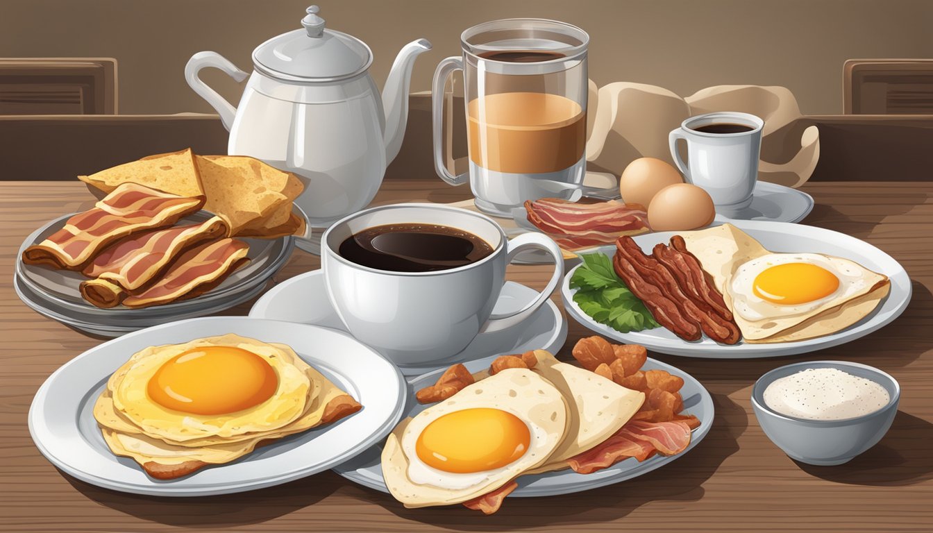 A table set with a variety of breakfast foods including eggs, bacon, sausage, and tortillas, with a steaming cup of coffee on the side