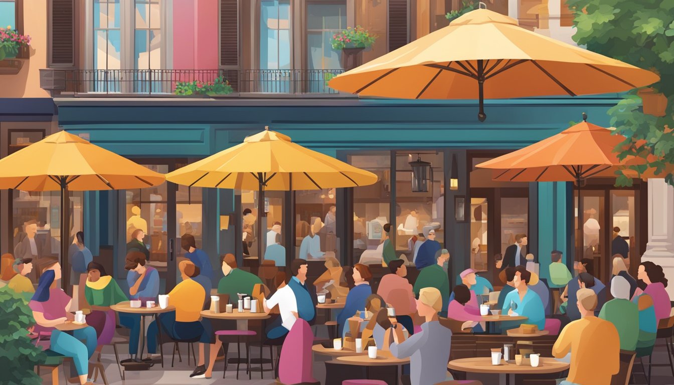 A bustling coffee shop with a vibrant outdoor patio, surrounded by colorful umbrellas and filled with happy customers enjoying their flavorful and aromatic coffee drinks