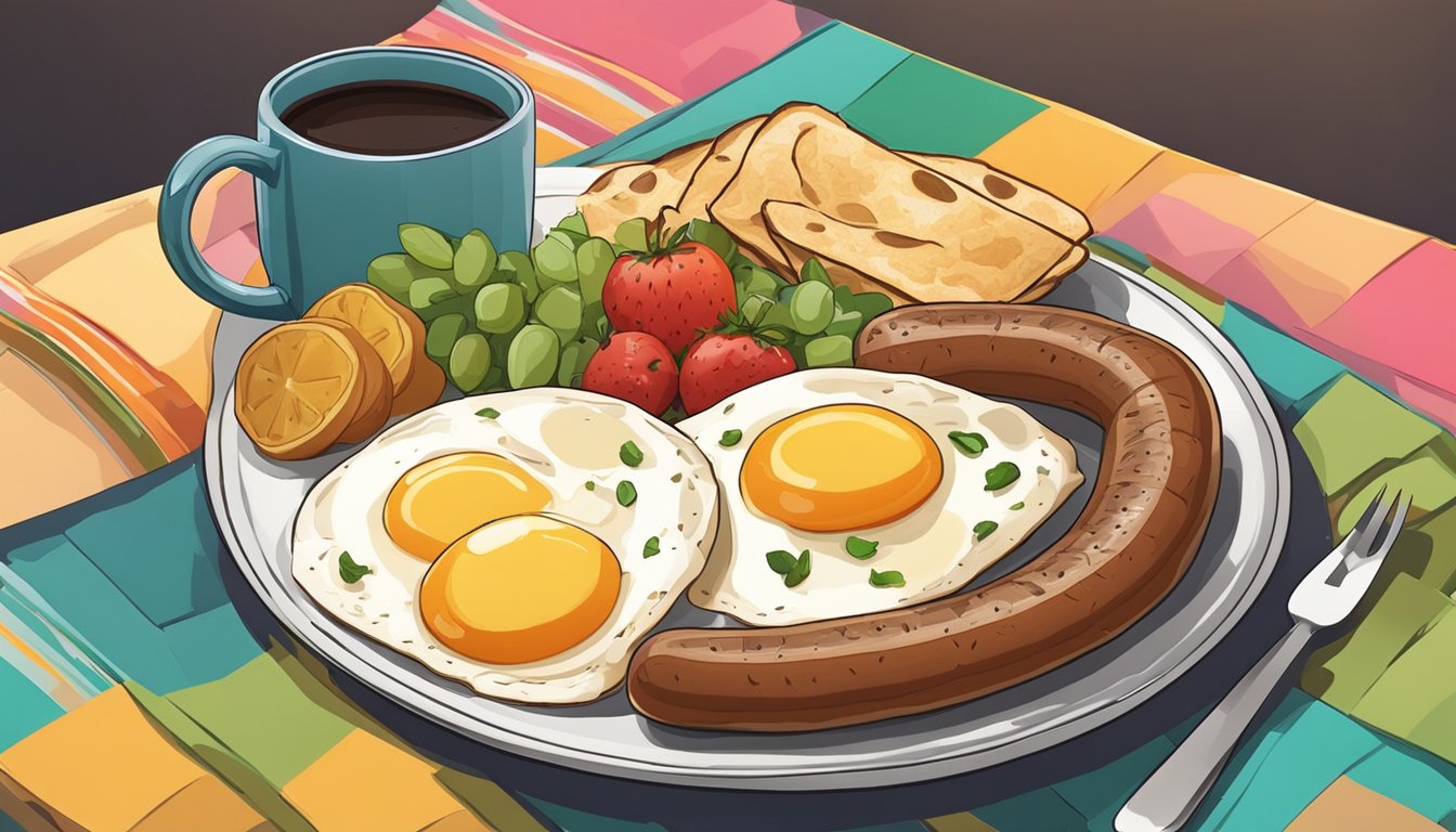 A colorful breakfast platter with eggs, sausage, potatoes, and tortillas, surrounded by fresh fruit and a cup of coffee