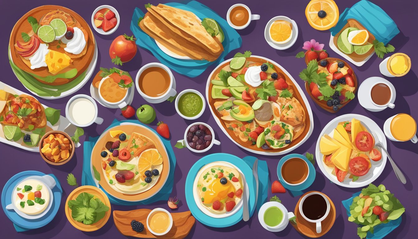 A colorful spread of breakfast platters, with a variety of Tex-Mex dishes, fresh fruits, and steaming hot beverages on a vibrant table setting