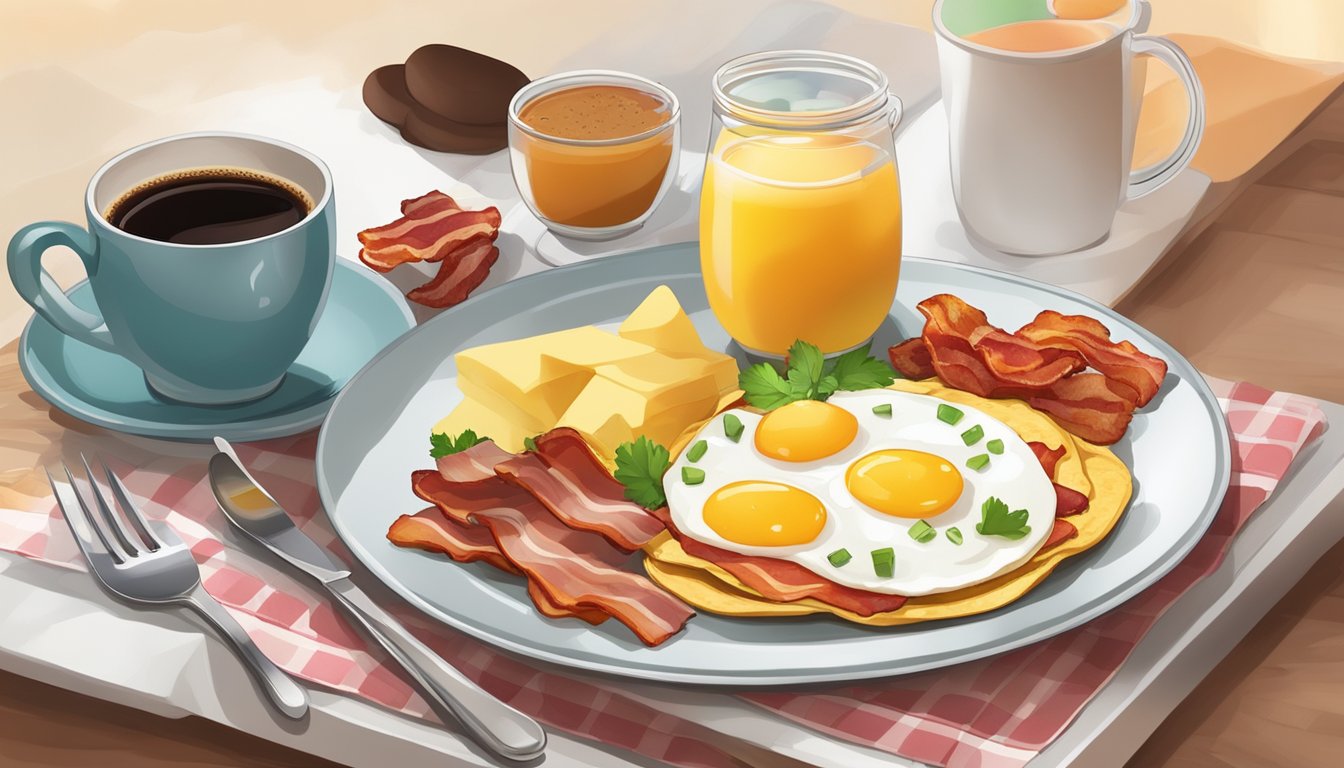 A colorful breakfast platter with eggs, bacon, and tortillas, accompanied by fresh fruit and a steaming cup of coffee