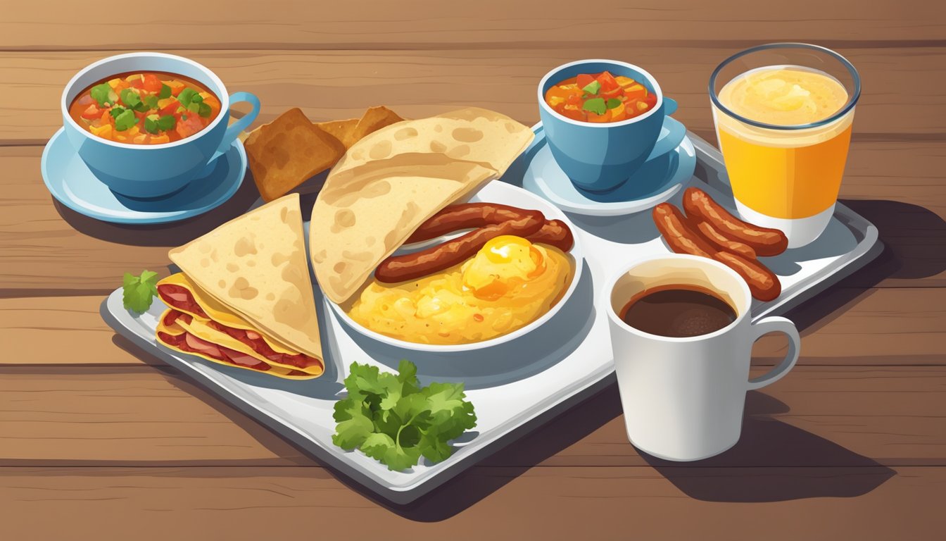 A colorful breakfast platter with eggs, bacon, sausage, and warm tortillas, accompanied by fresh salsa and a steaming cup of coffee