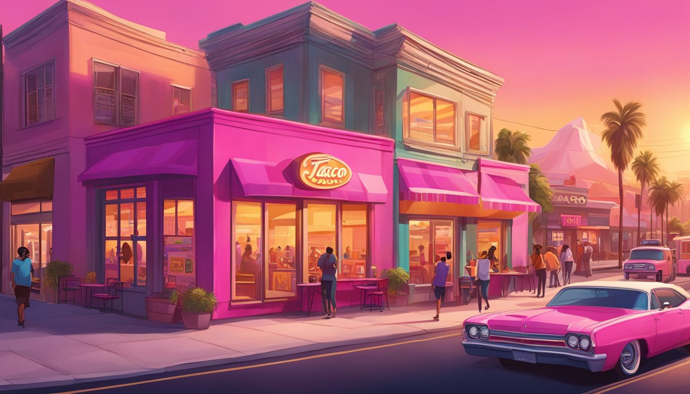 A bustling street scene with a vibrant pink Taco Cabana restaurant standing out among other buildings. The sun is setting, casting a warm glow over the iconic pink exterior