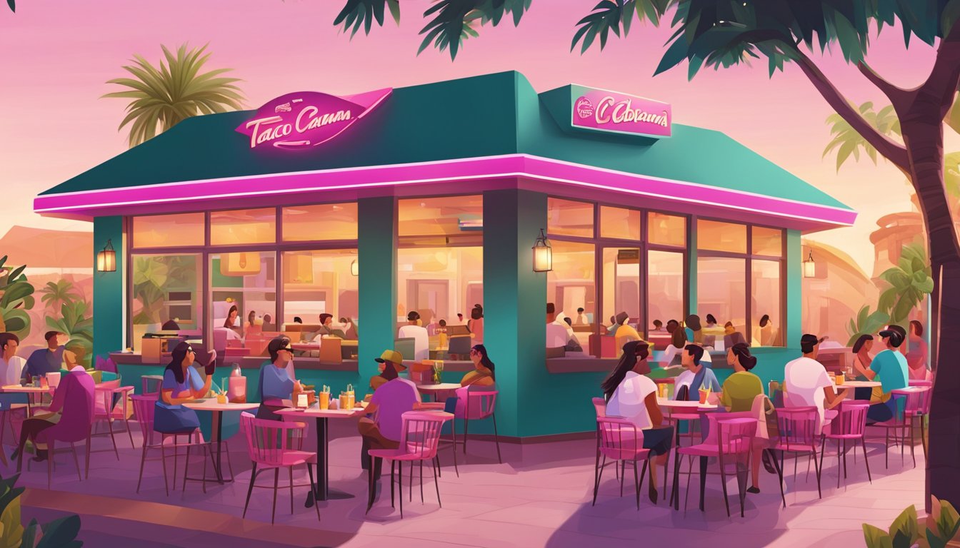 A bustling Taco Cabana restaurant with its iconic pink color scheme and outdoor seating, surrounded by a lively and vibrant atmosphere