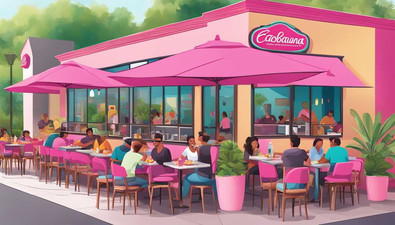 A bustling Taco Cabana restaurant with vibrant pink accents, bustling outdoor seating, and a lively atmosphere