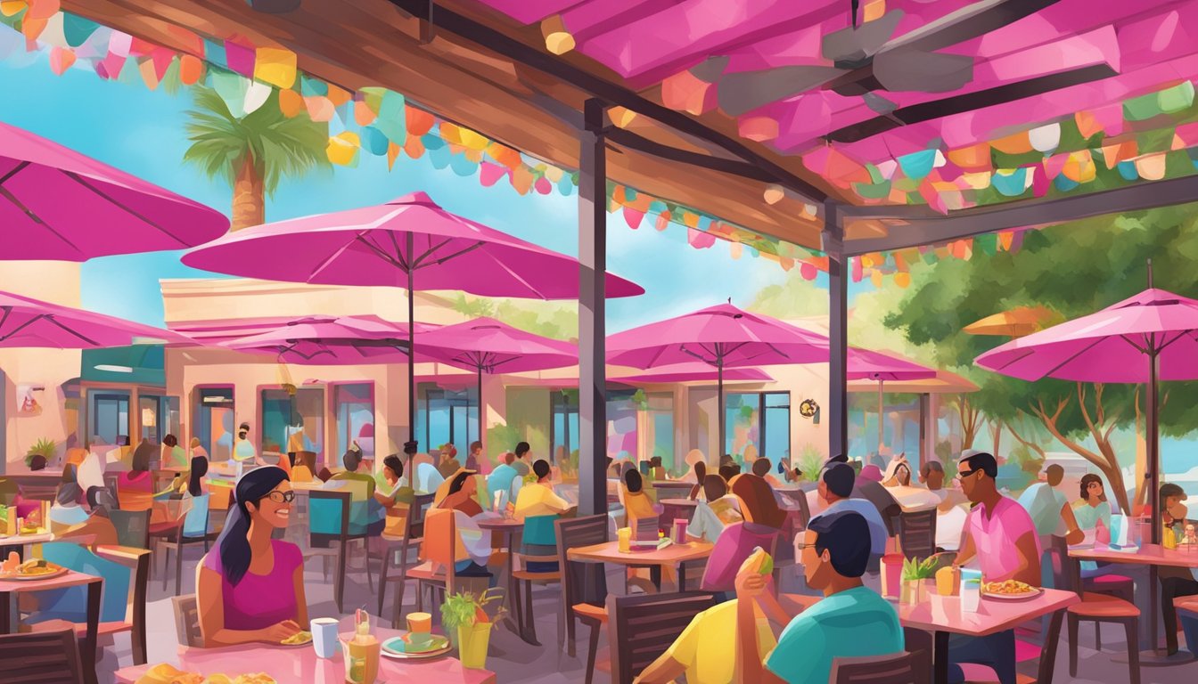 A bustling Taco Cabana restaurant with vibrant pink accents and happy customers enjoying their meals. Outdoor patio with colorful umbrellas and festive atmosphere