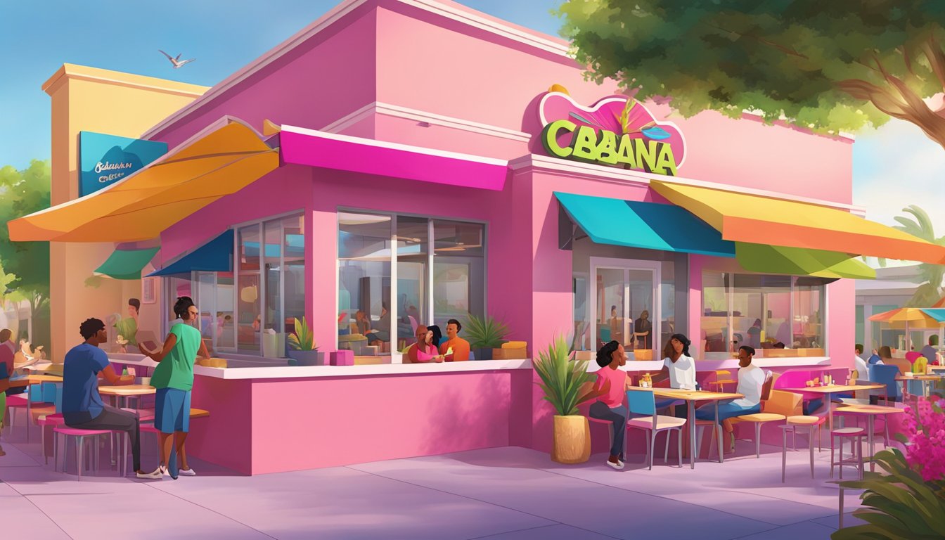 A bustling Taco Cabana restaurant with a vibrant pink exterior, surrounded by colorful outdoor seating and a lively atmosphere