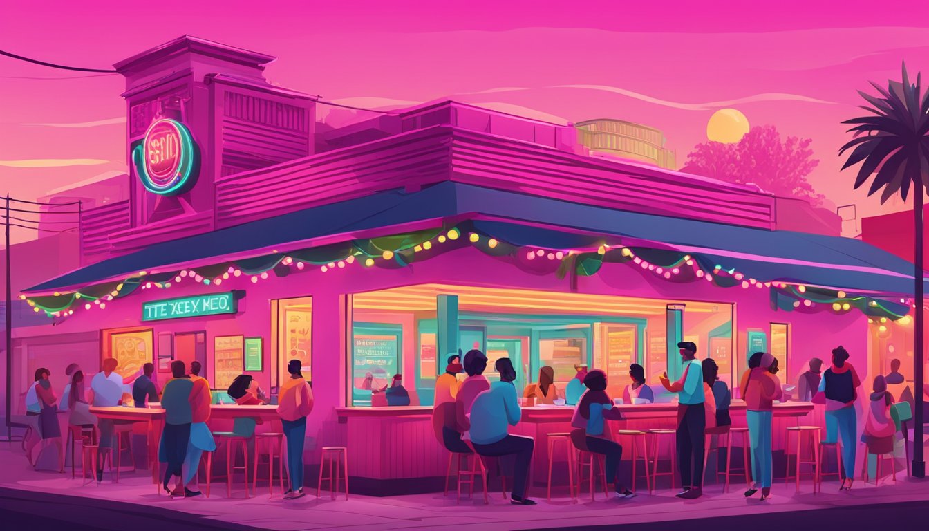 A bustling Tex-Mex restaurant with a vibrant pink exterior and neon lights, surrounded by a diverse crowd enjoying the lively atmosphere