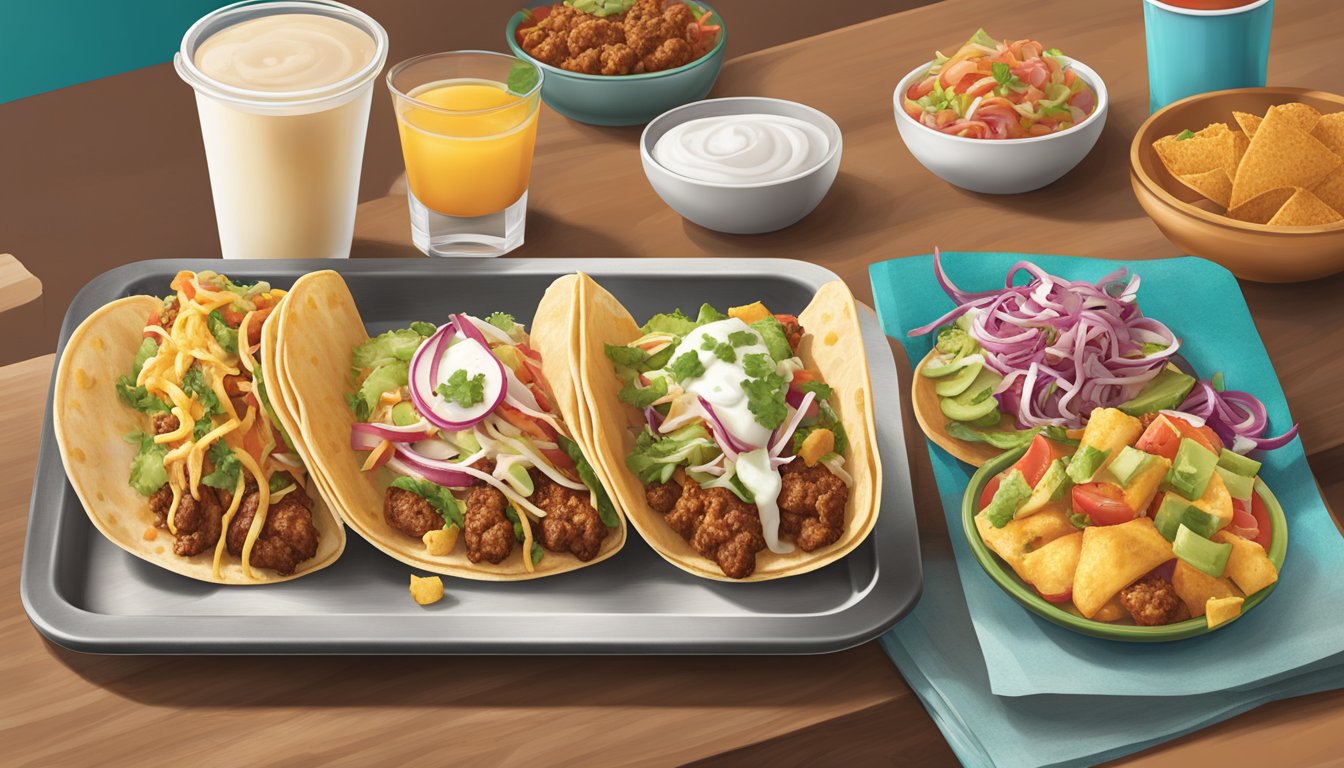 A colorful menu board features a variety of breakfast tacos and street tacos offered by Taco Cabana, with enticing images of each dish