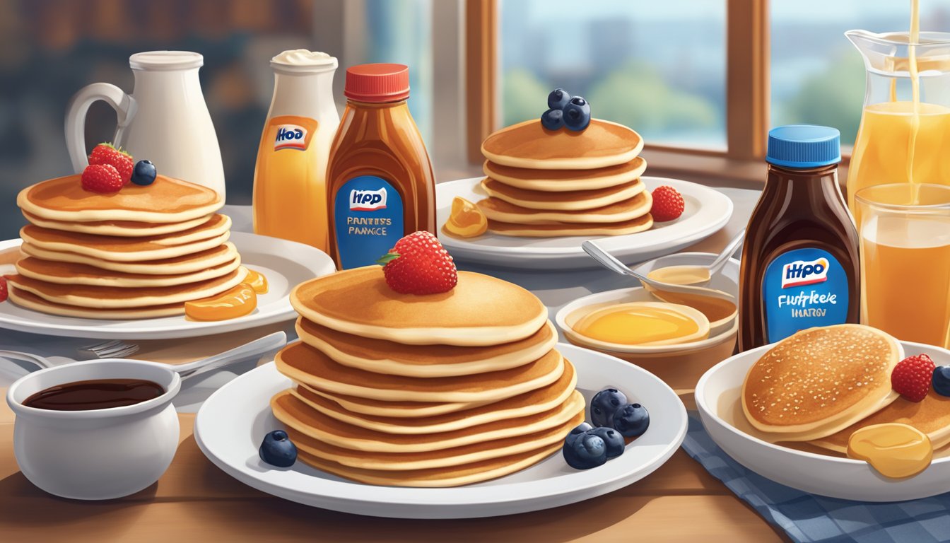 Fluffy pancakes surrounded by a variety of syrups and toppings on a table at IHOP