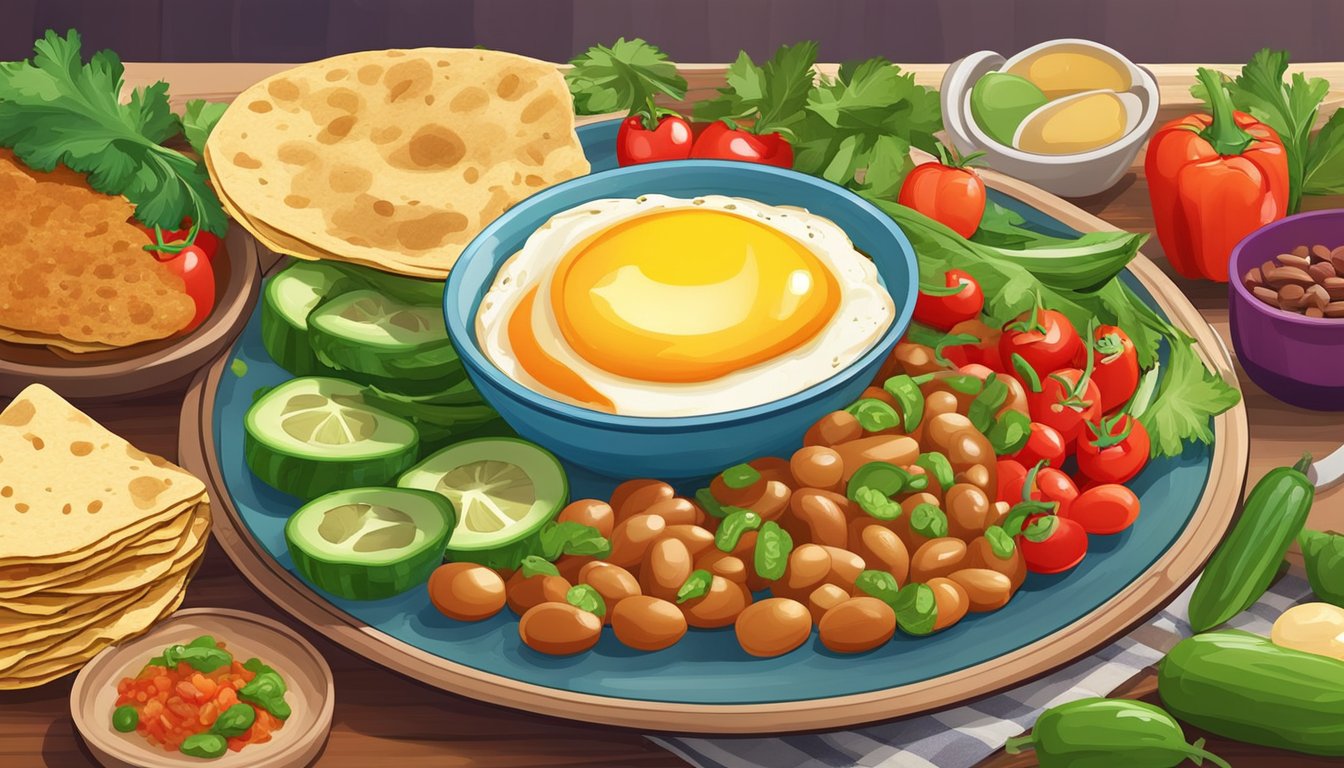 A colorful array of fresh vegetables, eggs, and beans on a vibrant plate, accompanied by warm tortillas and a side of salsa