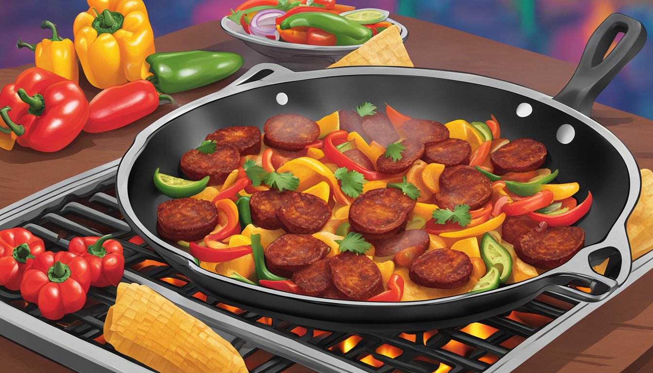 A sizzling skillet of chorizo cooking on a hot grill, surrounded by colorful peppers and onions, with the Taco Cabana logo in the background